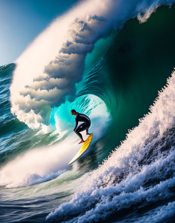 Surfer riding large curling wave under sunlight