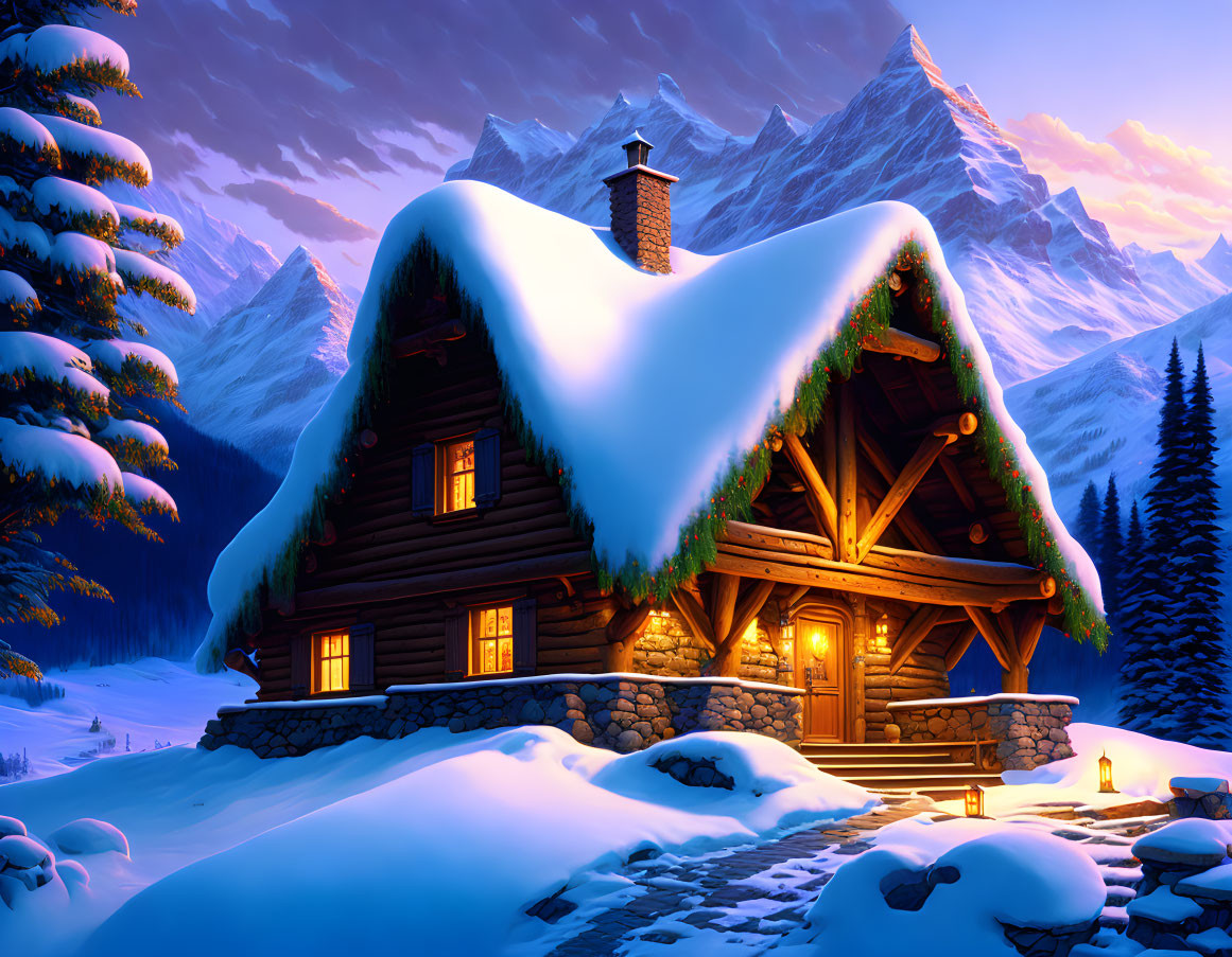Snow-covered log cabin in a winter landscape with mountains and pine trees at dusk