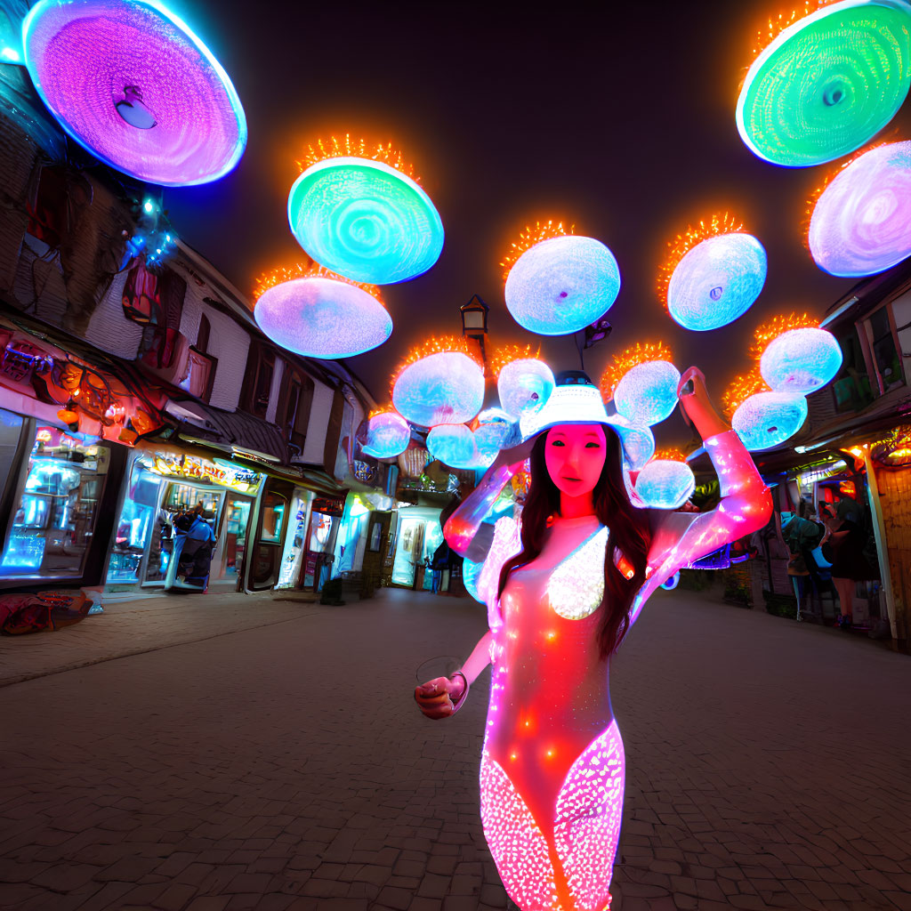 Bright LED costume woman at neon-lit night market