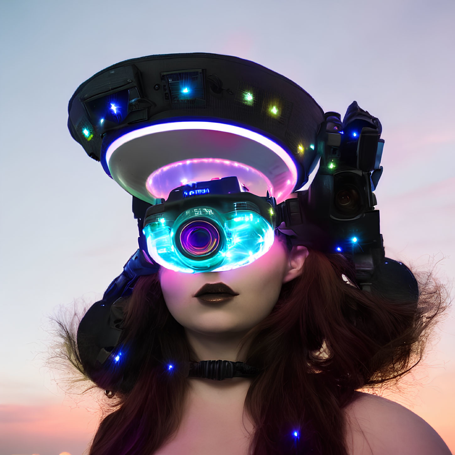 Futuristic woman wearing VR goggles with electronic devices under twilight sky