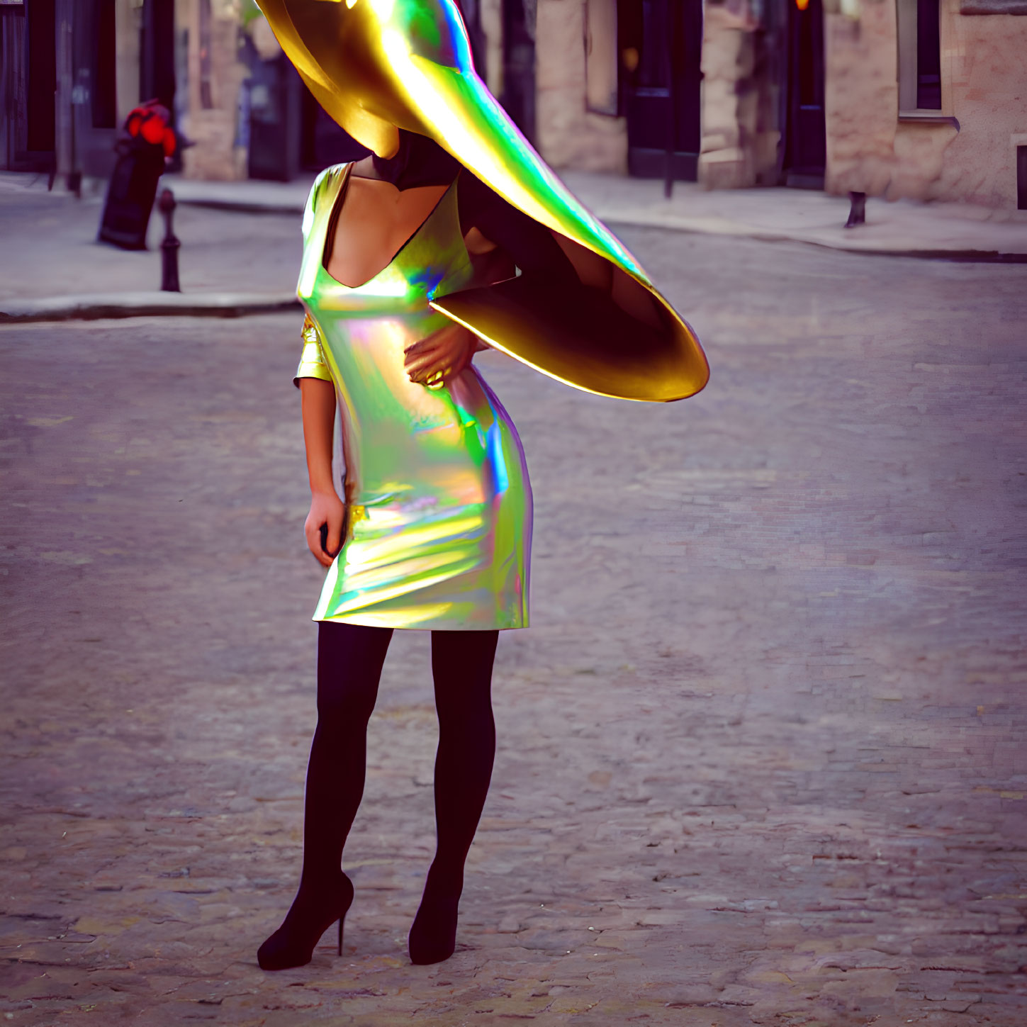Futuristic figure in iridescent dress and wide-brimmed hat on cobblestone street