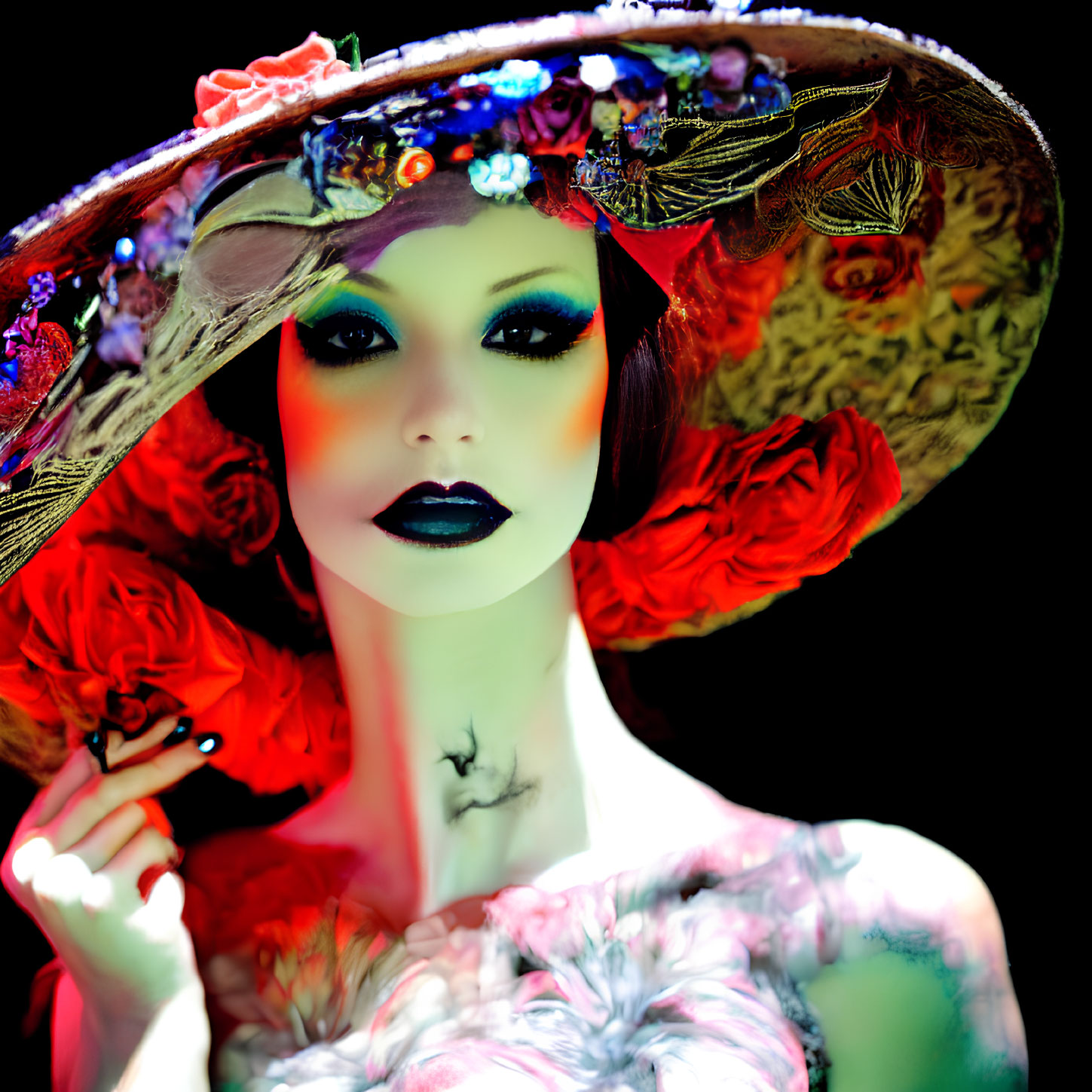 Colorful portrait of a woman with dramatic makeup and floral hat