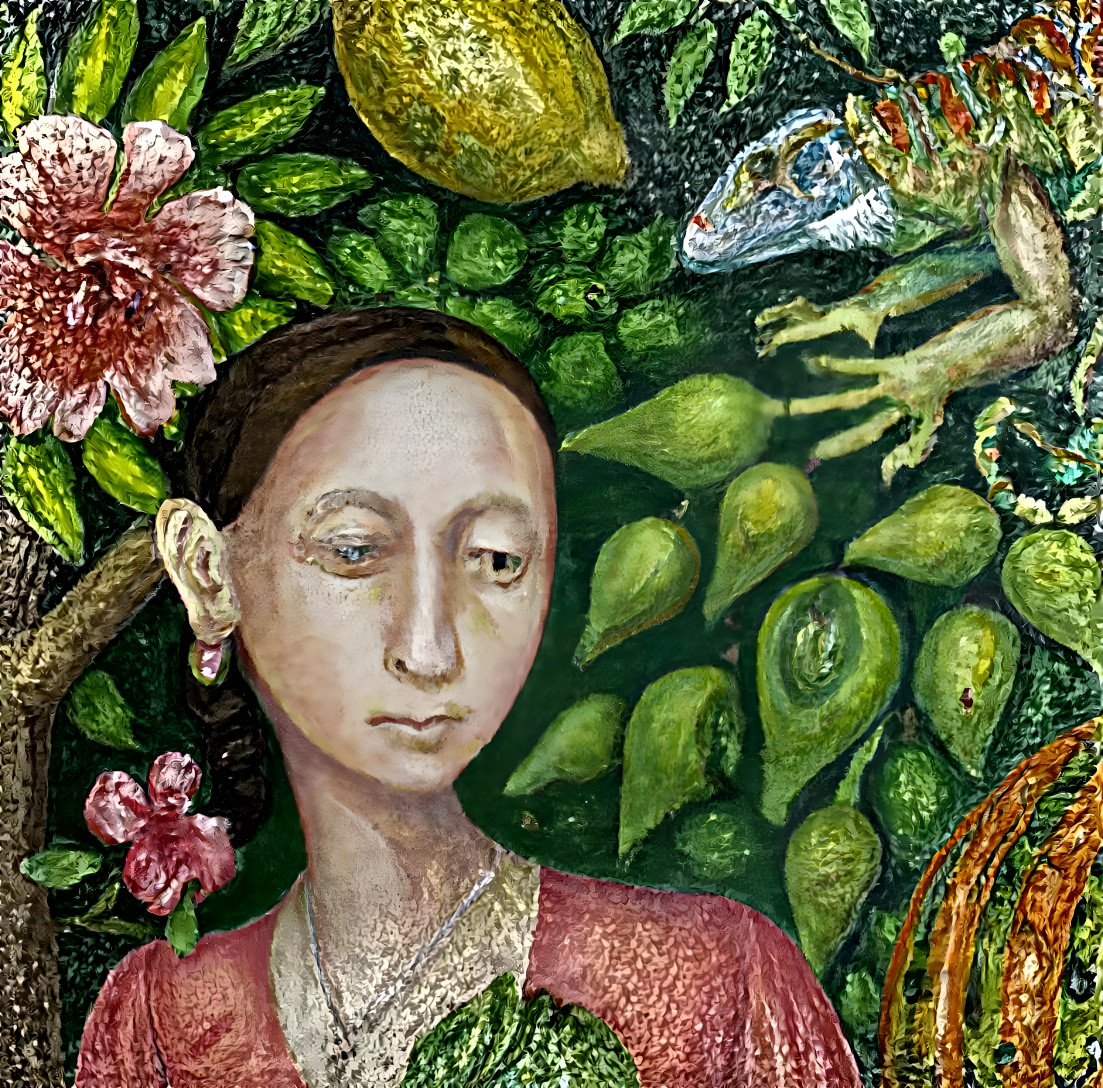 woman with friut and lizard