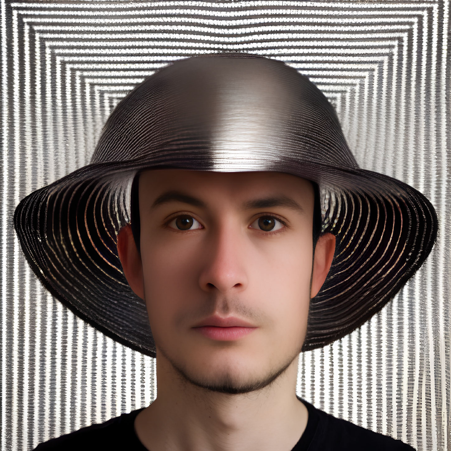 Young man in large metallic hat on hypnotic geometric backdrop