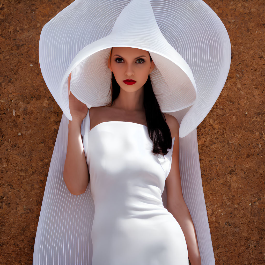 Dark-haired woman in white sunhat and dress against earthy background