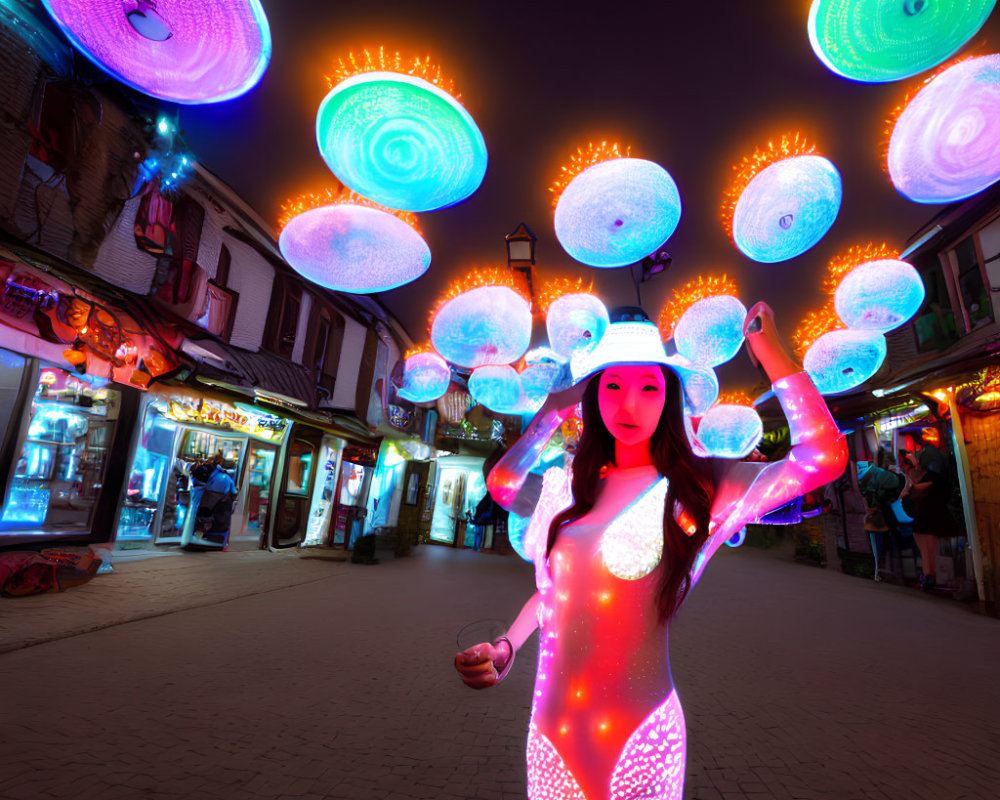 Bright LED costume woman at neon-lit night market