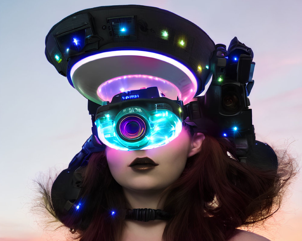 Futuristic woman wearing VR goggles with electronic devices under twilight sky