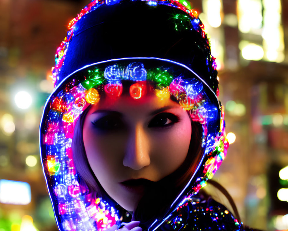 Colorful illuminated lights on hood create vibrant glow at night