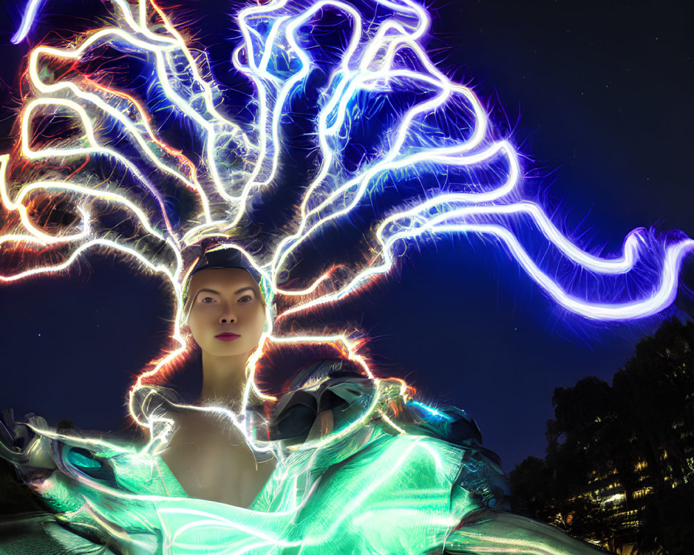 Elaborate neon light tree decorations on woman in night sky