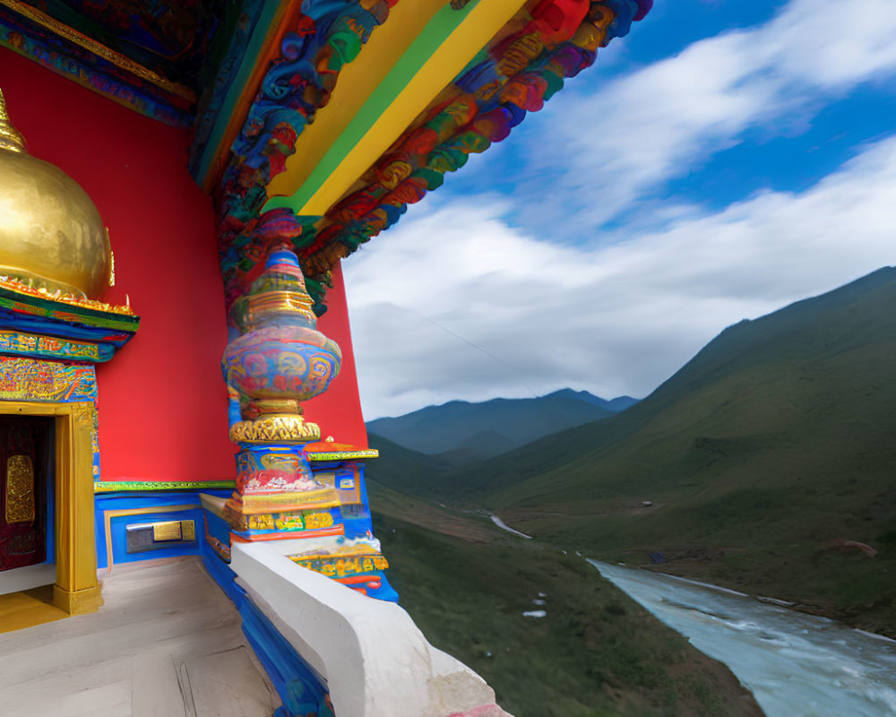 Colorful Tibetan Monastery Architecture with Golden Dome by River