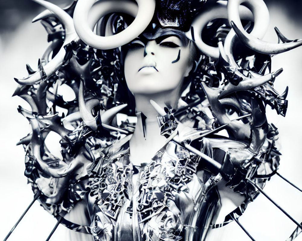 Intricate Black Headdress with Horns and Spikes, Dramatic Makeup, Metallic Garment