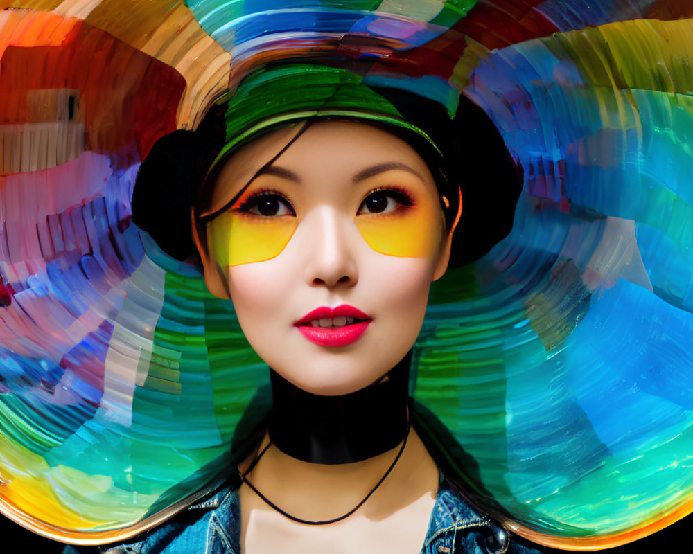 Colorful Makeup and Translucent Headpiece on Woman with Yellow Glasses