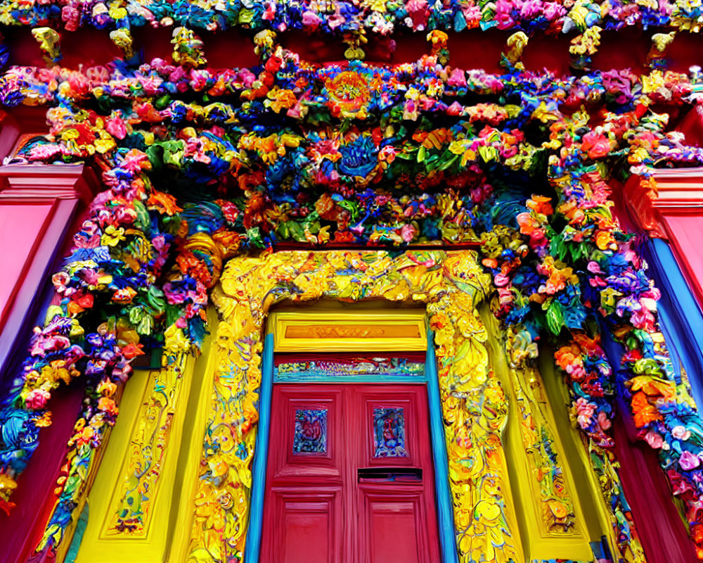 Colorful Floral Motifs Surround Red Doorway