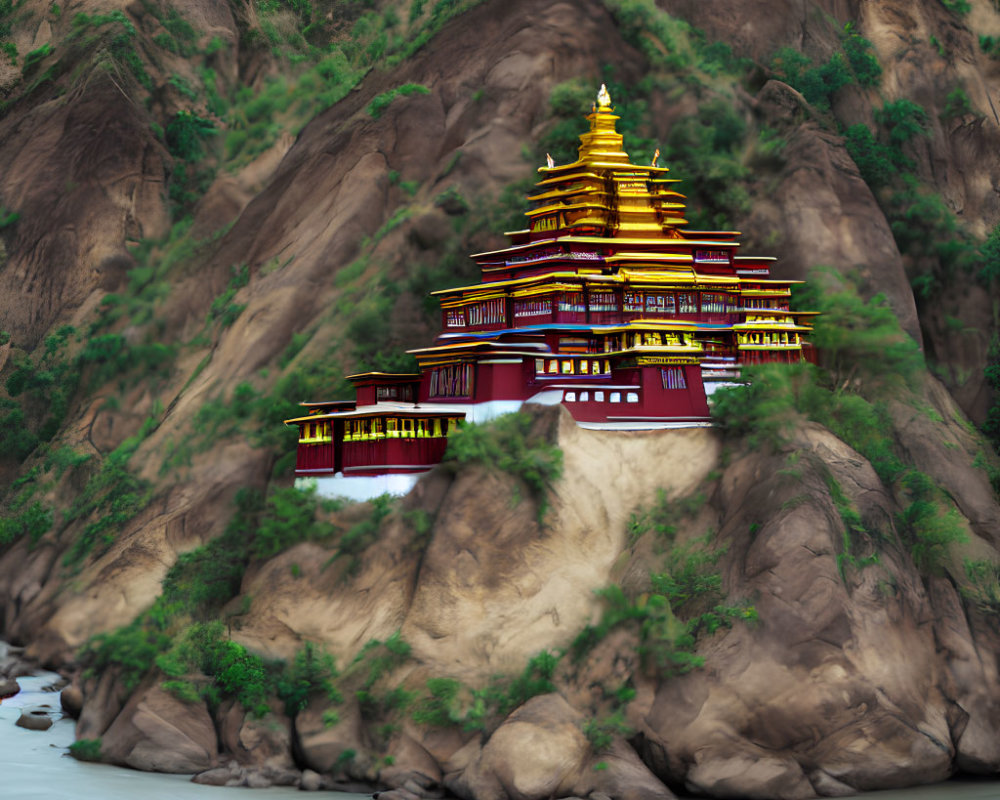 Golden-roofed multi-tiered temple on rocky hill near flowing river surrounded by lush green mountains