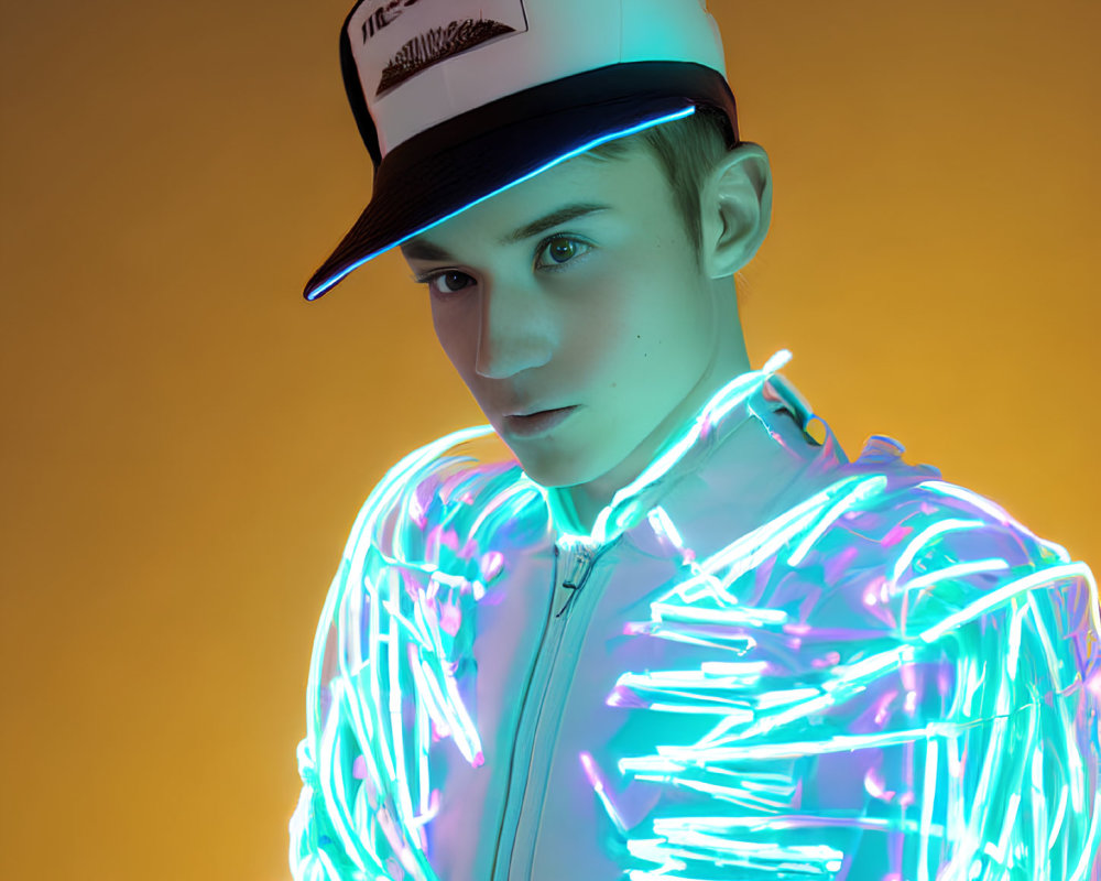 Person in Cap and Neon Jacket on Orange Background