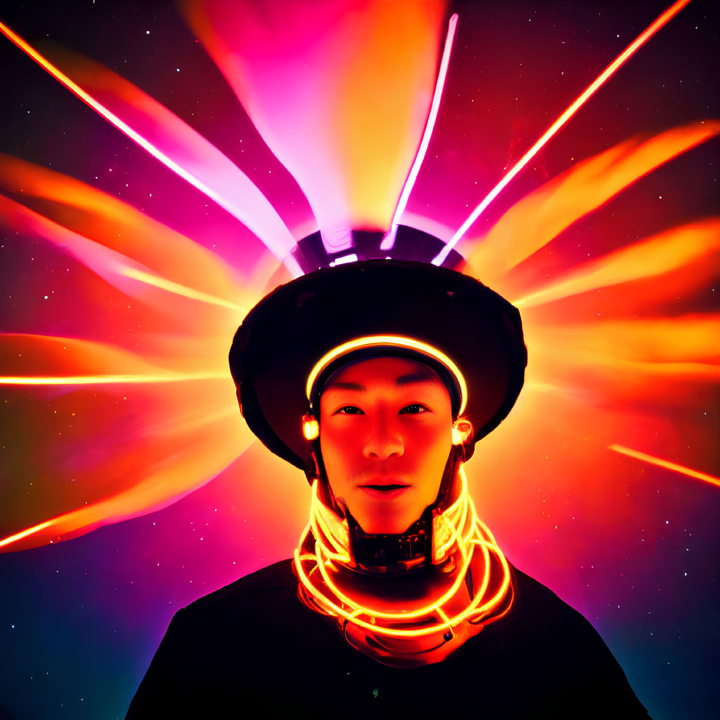 Glowing neon futuristic headgear with colorful light beams on starry background