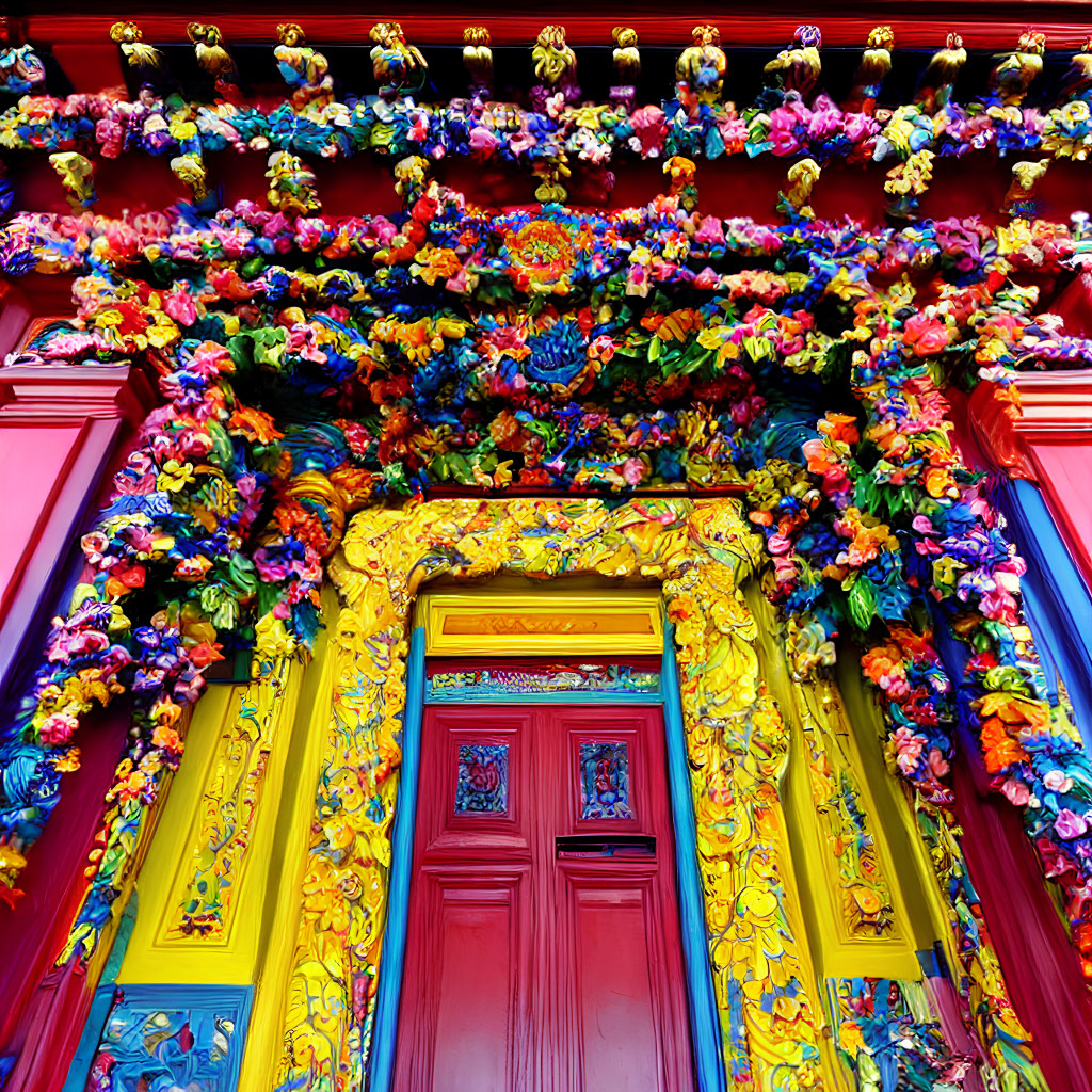 Colorful Floral Motifs Surround Red Doorway