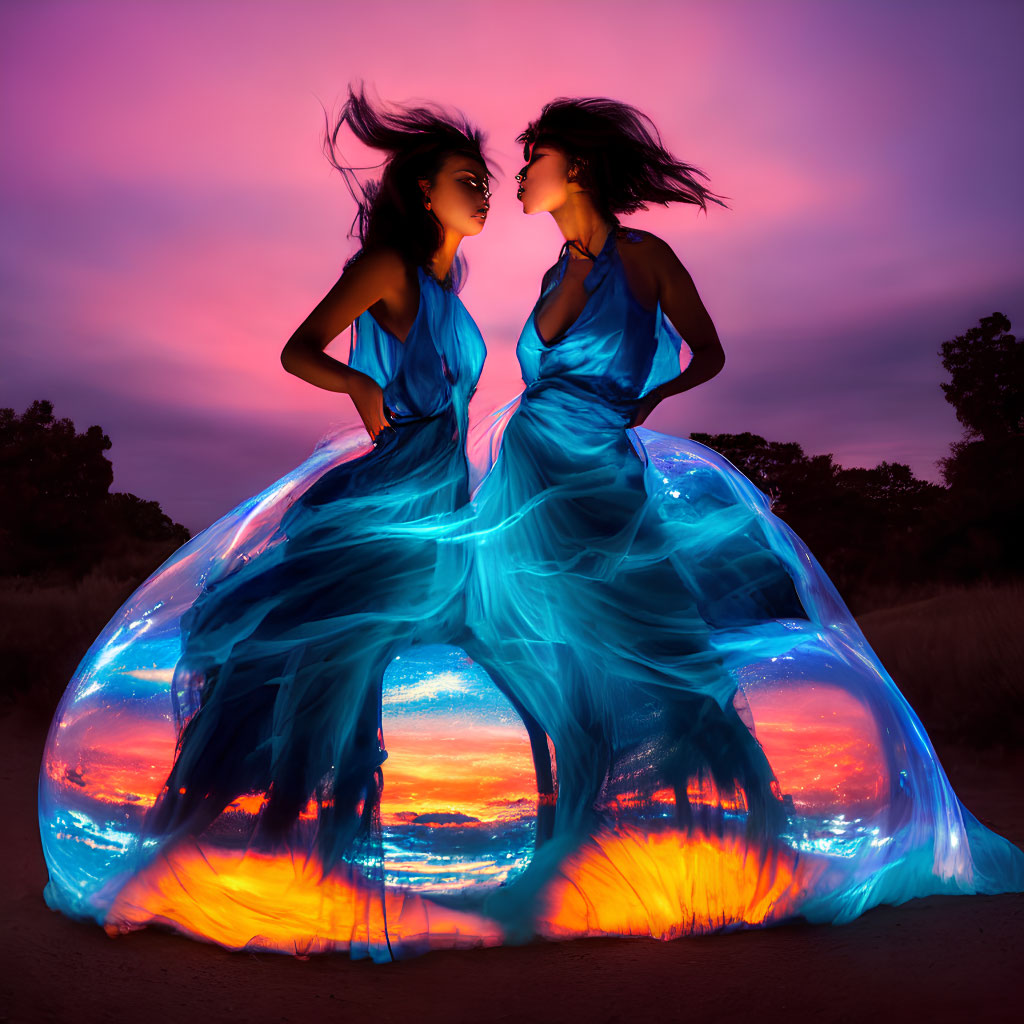 Two women in flowing neon-lit dresses under vibrant sunset sky