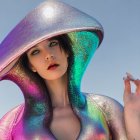 Iridescent Outfit and Futuristic Hat on Woman Against Blue Background