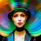 Colorful Makeup and Translucent Headpiece on Woman with Yellow Glasses