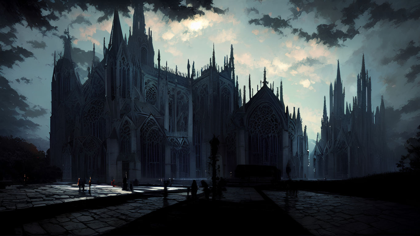 Gothic cathedral with towering spires in moody setting