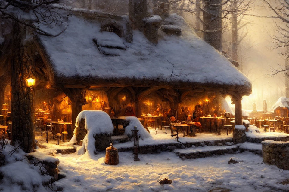 Snow-covered cottage with thatched roof in winter forest scene at dusk