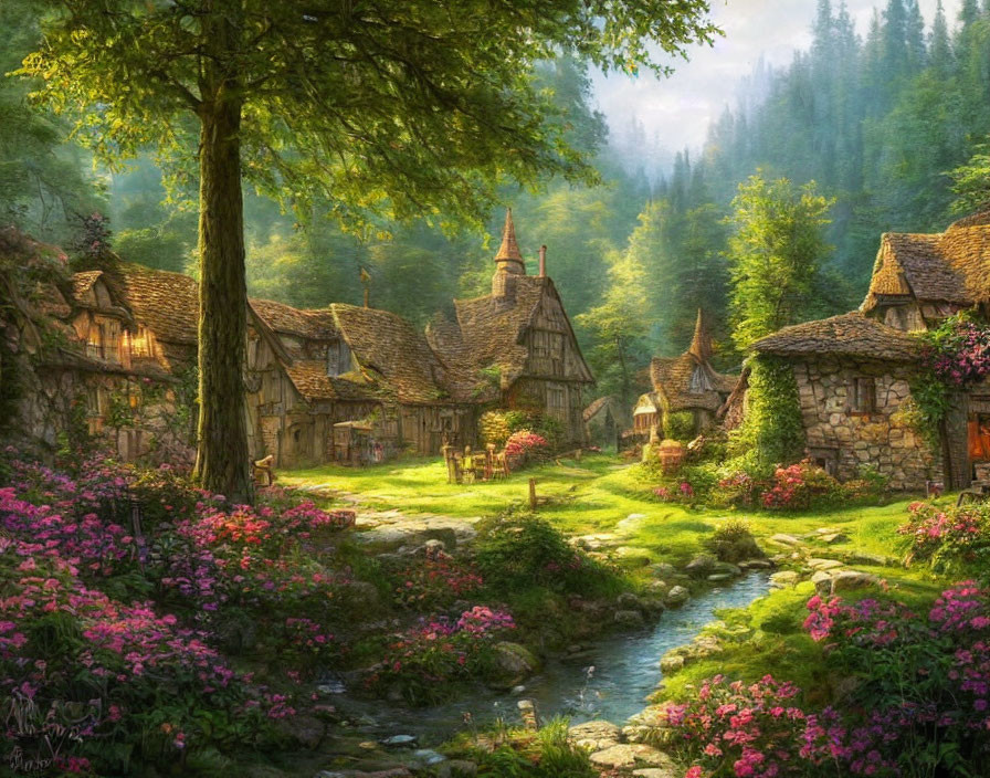 Picturesque village with stone cottages, blooming plants, and serene stream under forest sunlight