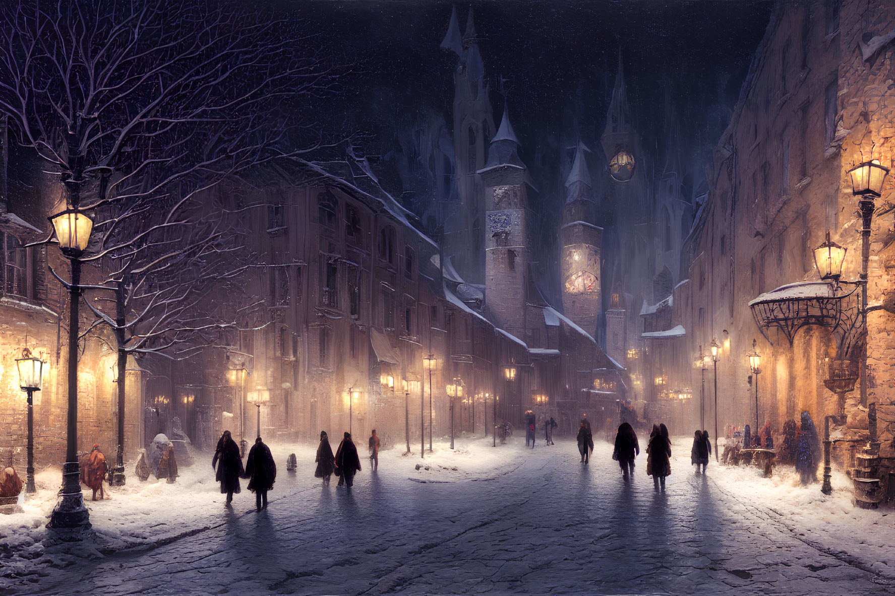 Snowy Evening Scene: People Walking on Cobblestone Street with Glowing Lamps & Historic Buildings