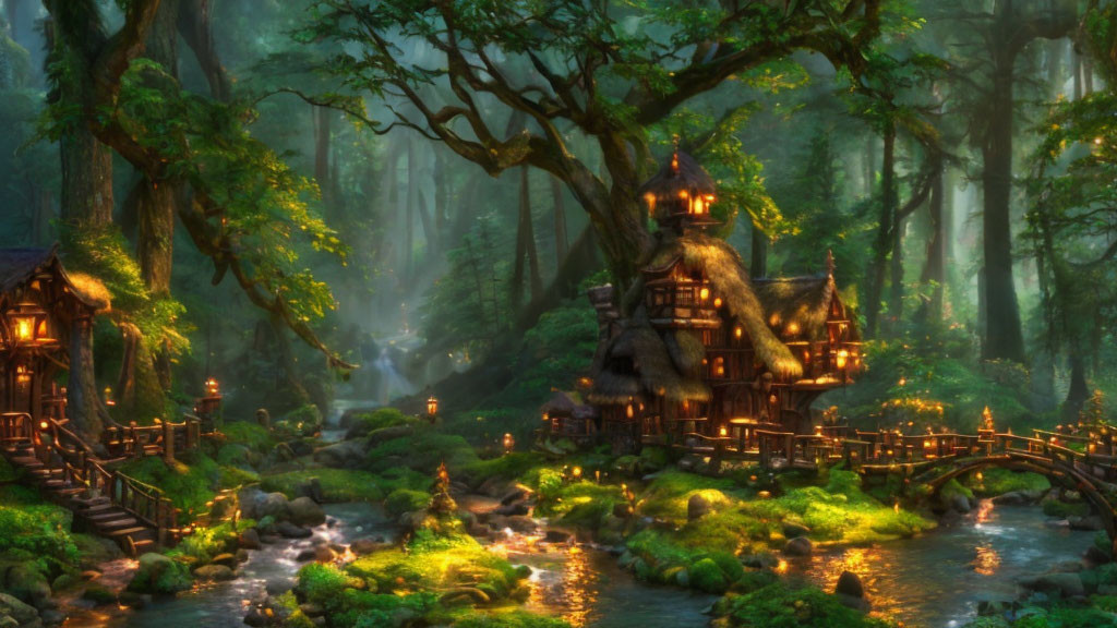 Enchanted forest with thatched cottage, bridge, sunbeams, and waterfall