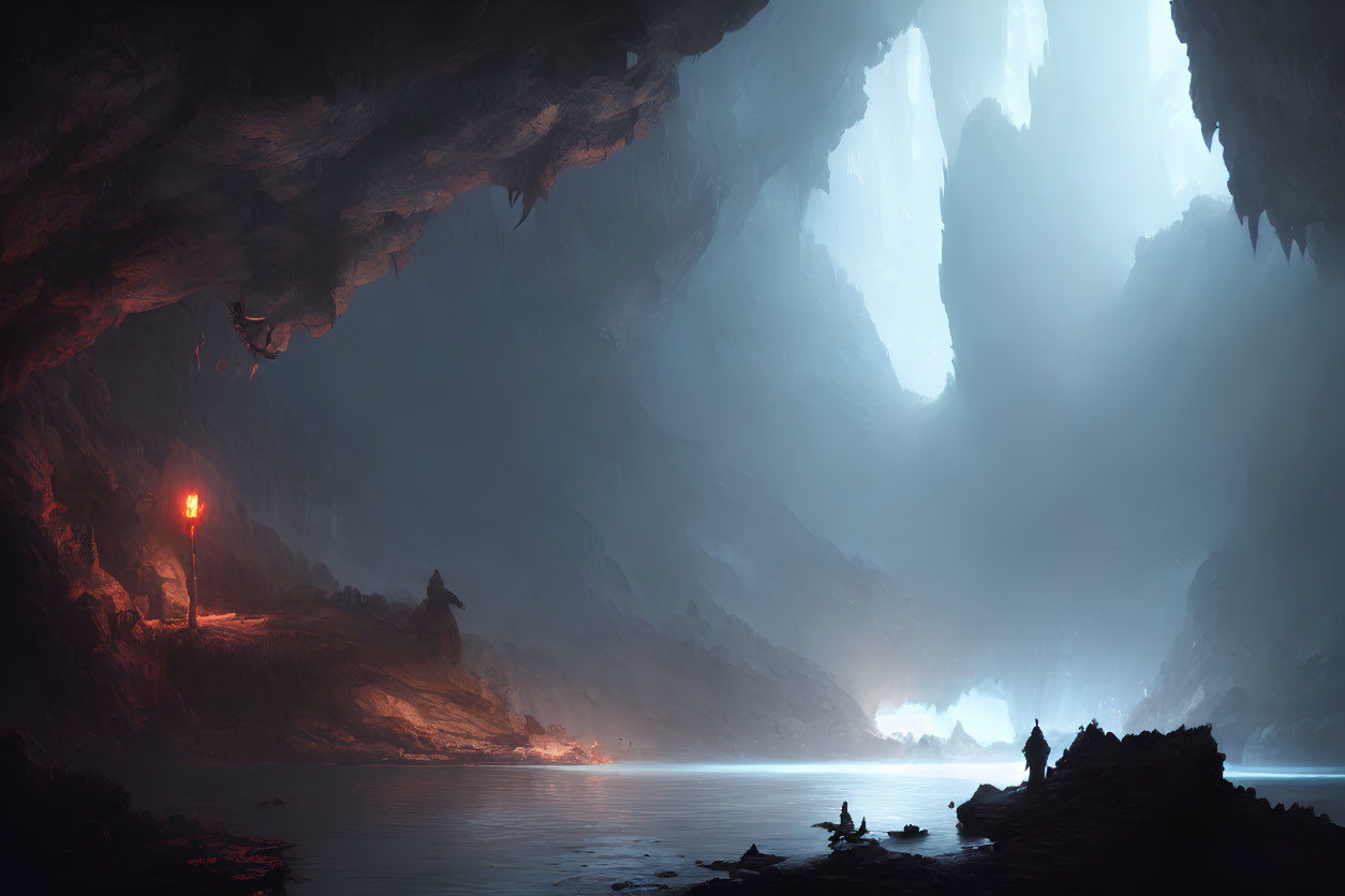 Spacious cave with natural light, figure by lake, and fiery torch