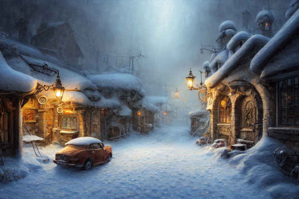 Vintage car parked on snowy village street with snow-covered buildings and warm streetlamps.