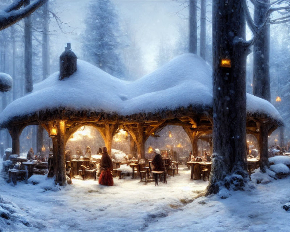 Snowy forest wooden shelter with warm lighting and people inside