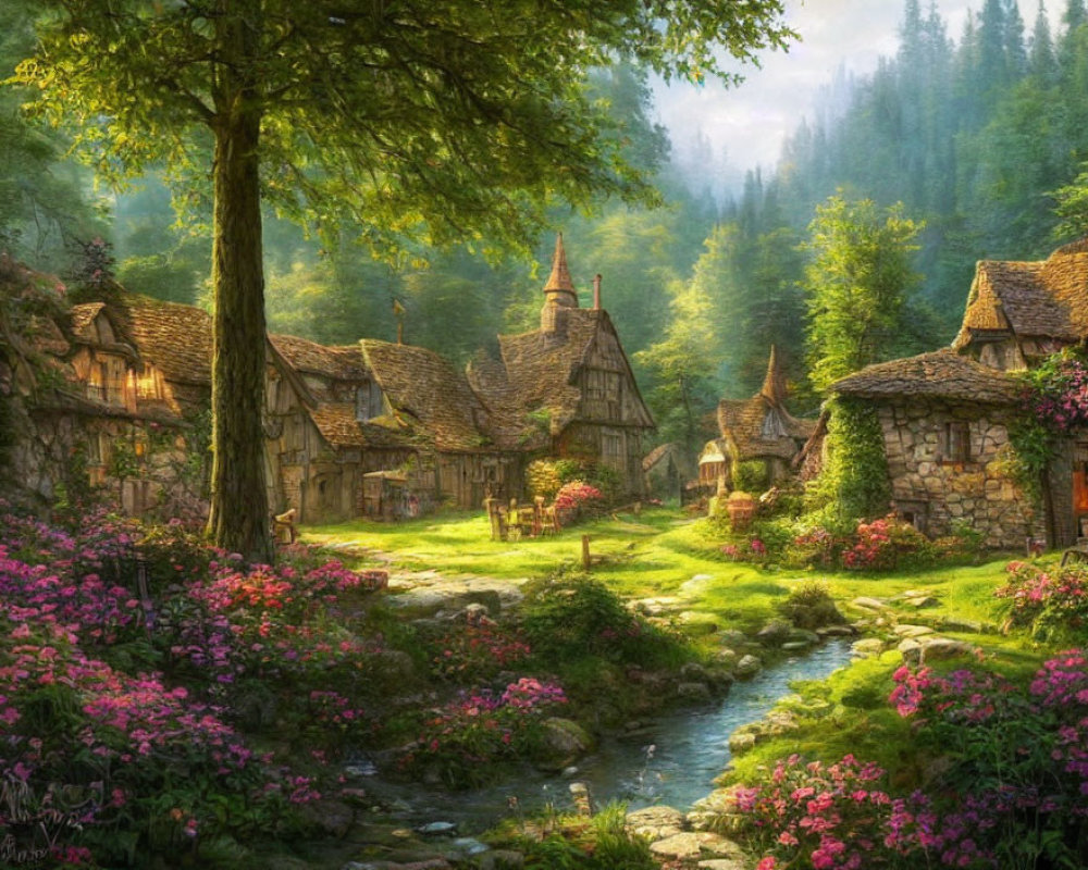 Picturesque village with stone cottages, blooming plants, and serene stream under forest sunlight