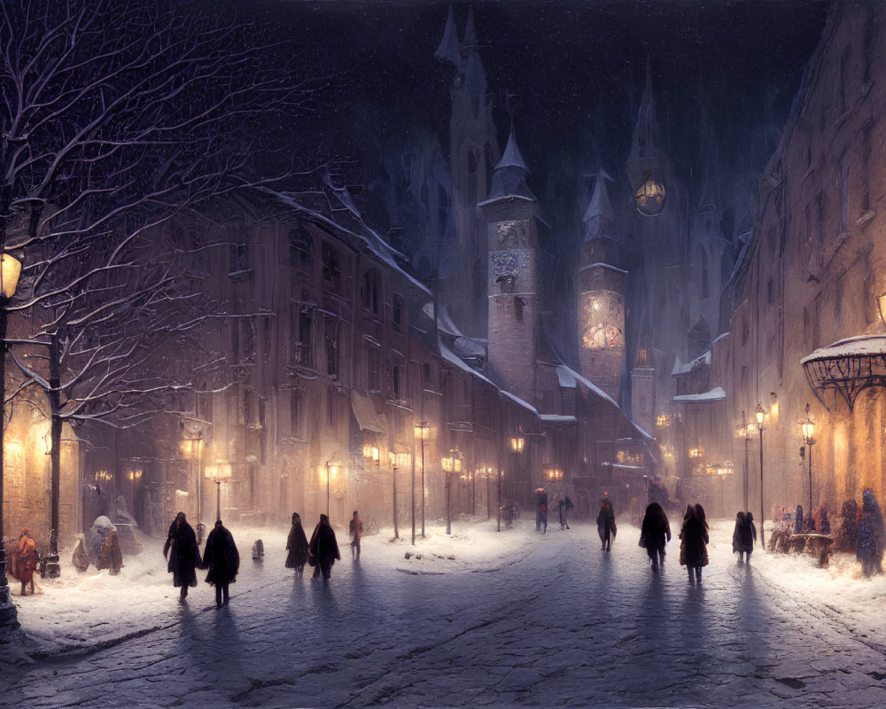 Snowy Evening Scene: People Walking on Cobblestone Street with Glowing Lamps & Historic Buildings