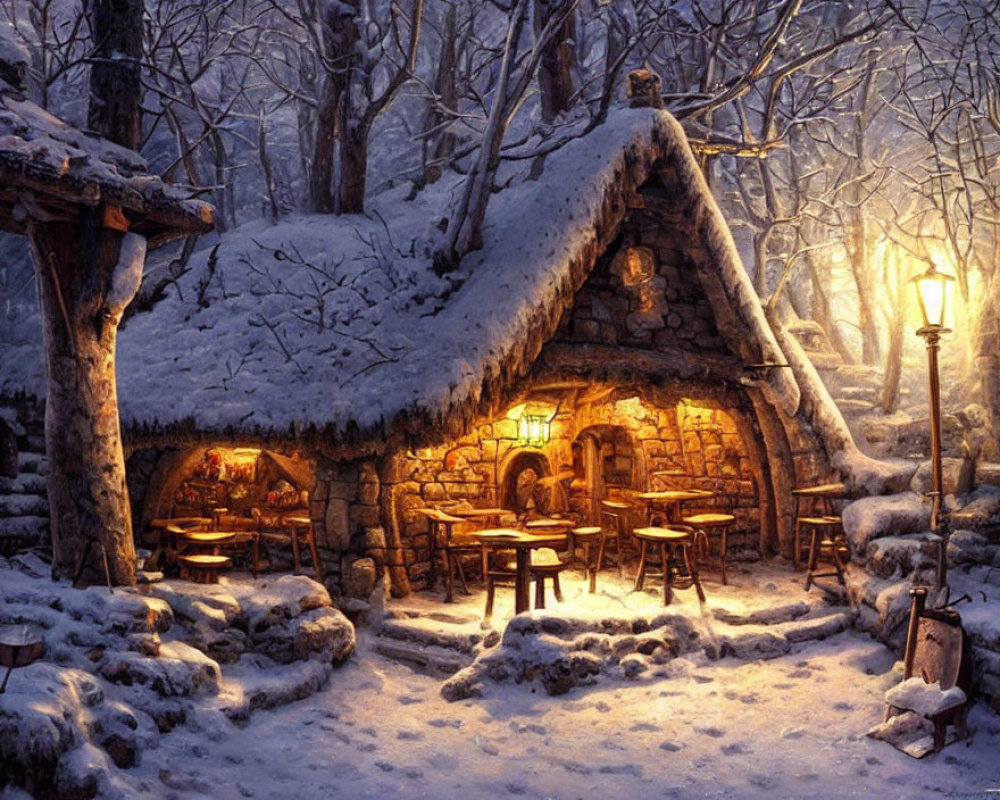 Snow-covered cottage in serene winter forest at dusk