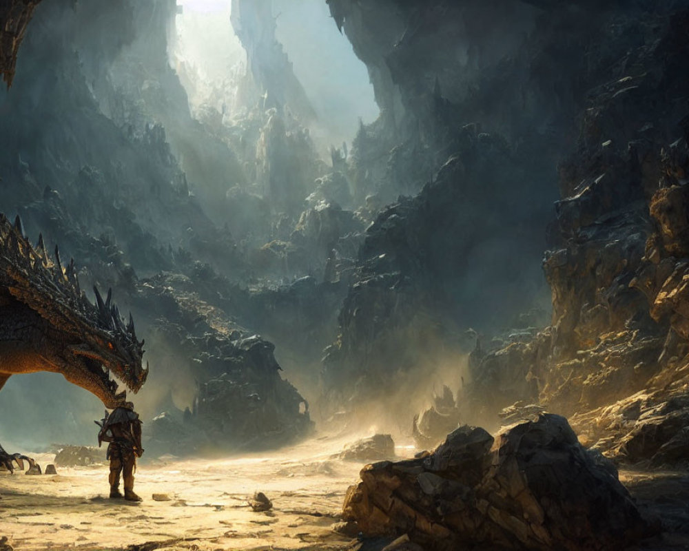 Armored knight confronts dragon in sunlit cave