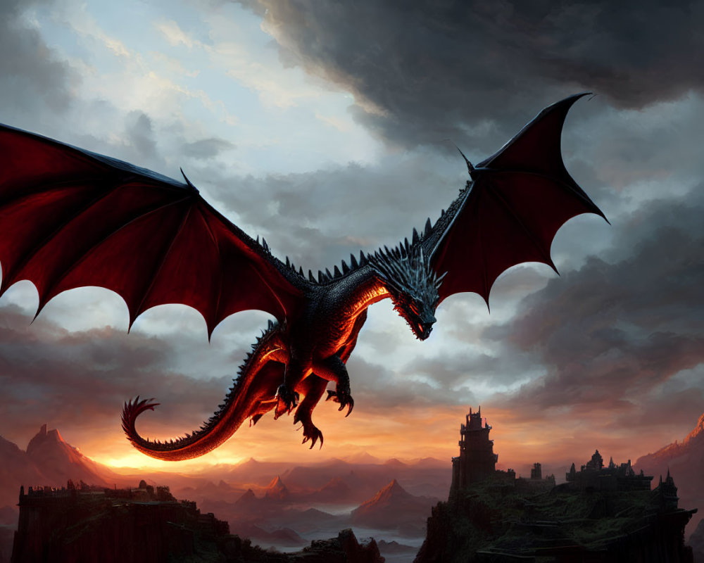 Red-winged dragon soaring over silhouette castles in a dramatic mountain landscape