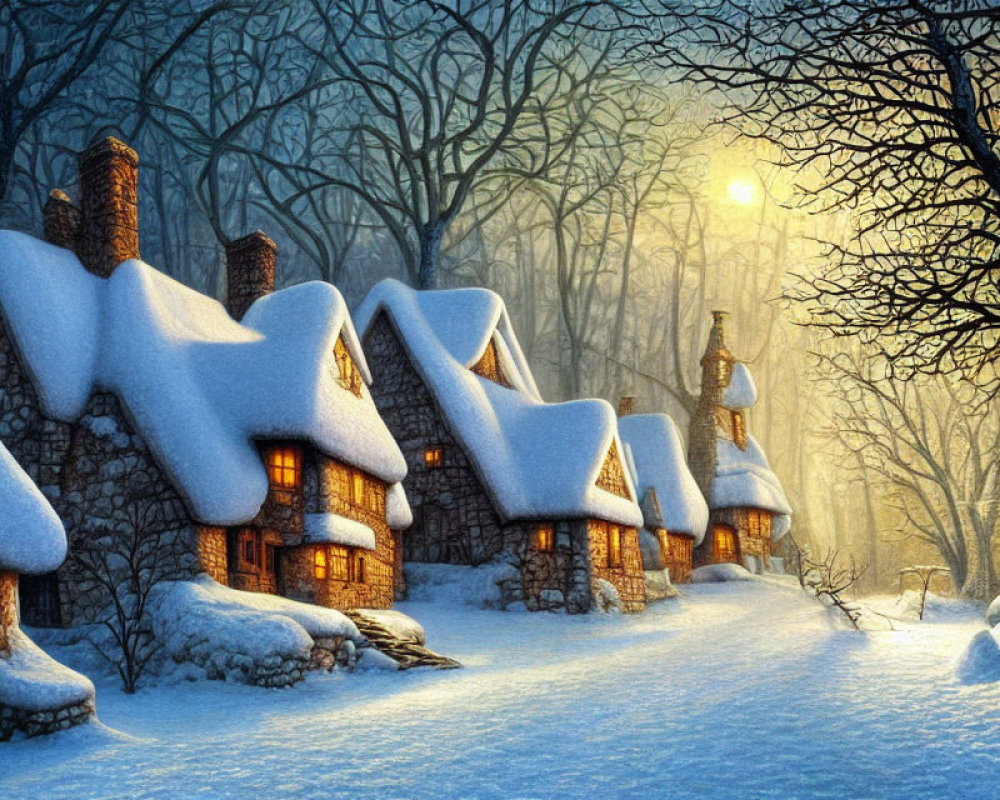 Winter forest landscape with snow-covered cottages at sunset