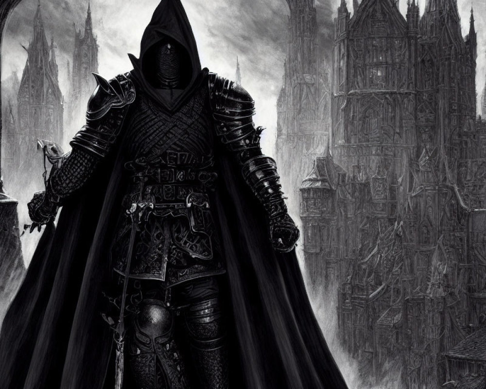 Cloaked figure in ornate armor against gothic backdrop.
