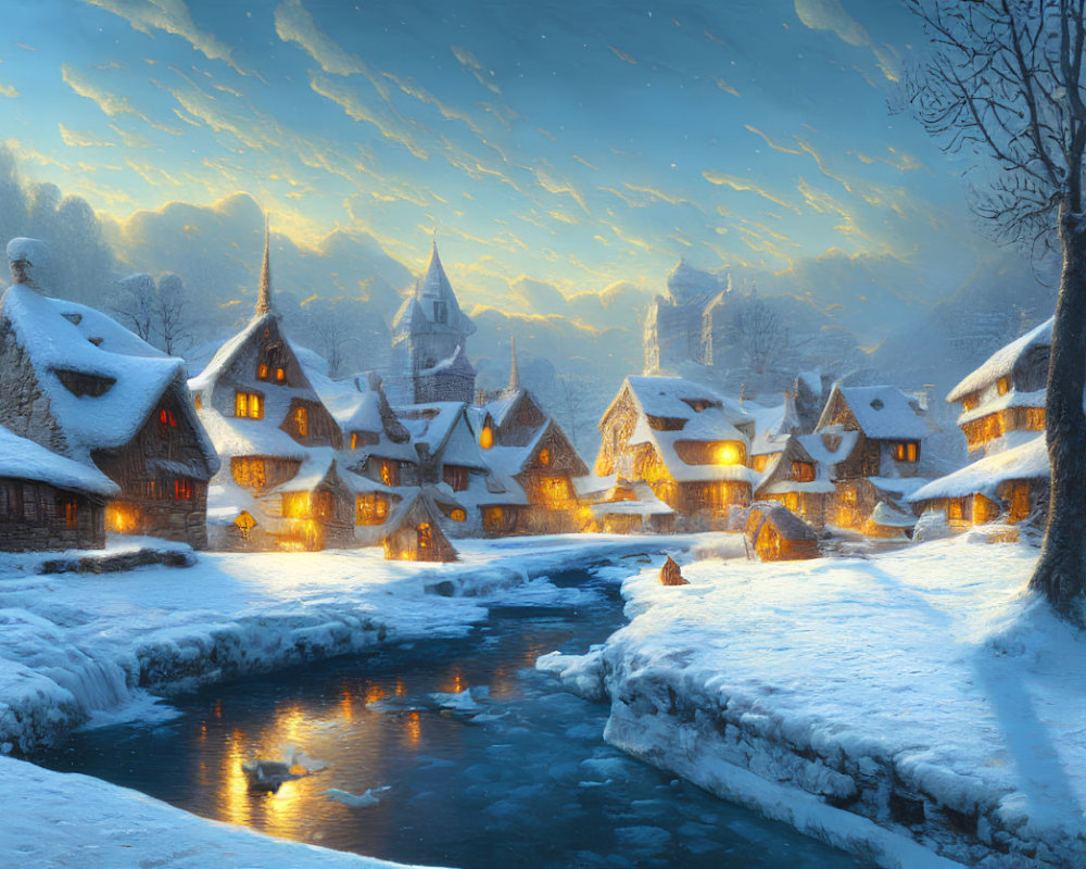 Snowy village with thatched-roof houses and glowing lights at dusk