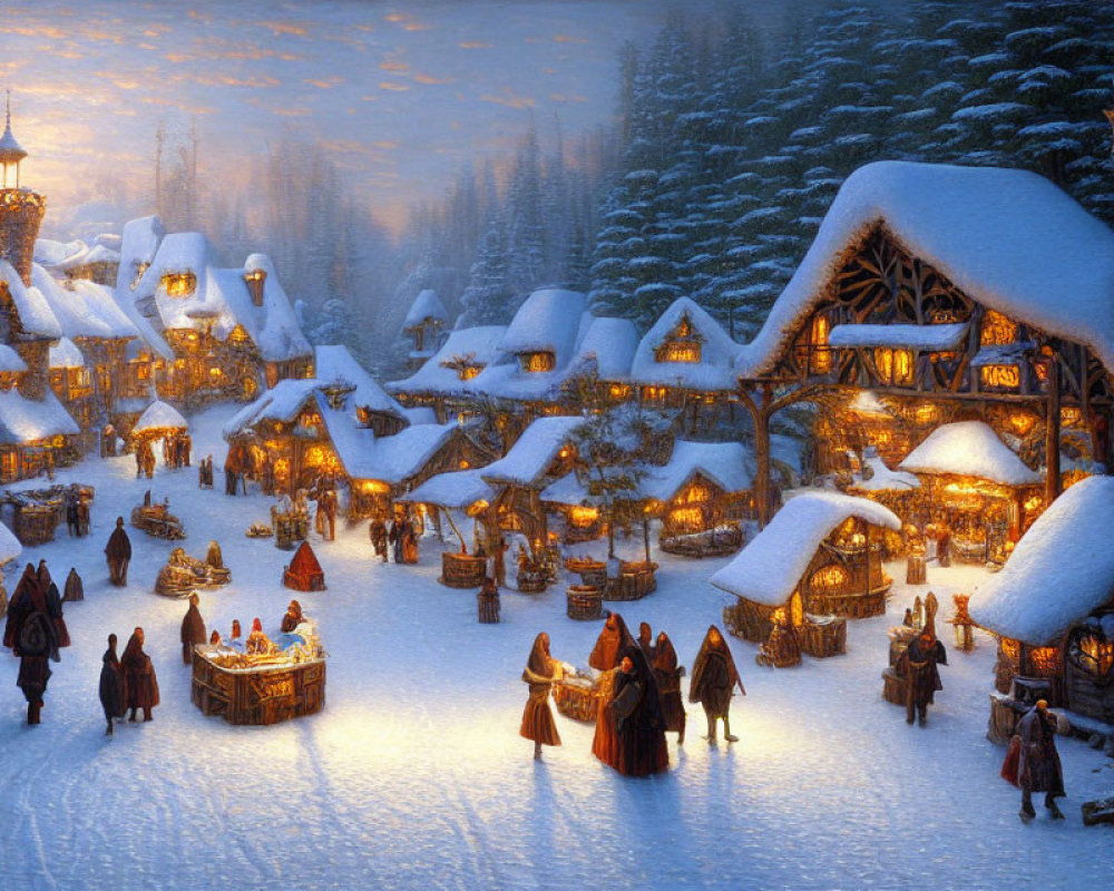 Snow-covered cottages and market stalls in a winter village scene at dusk