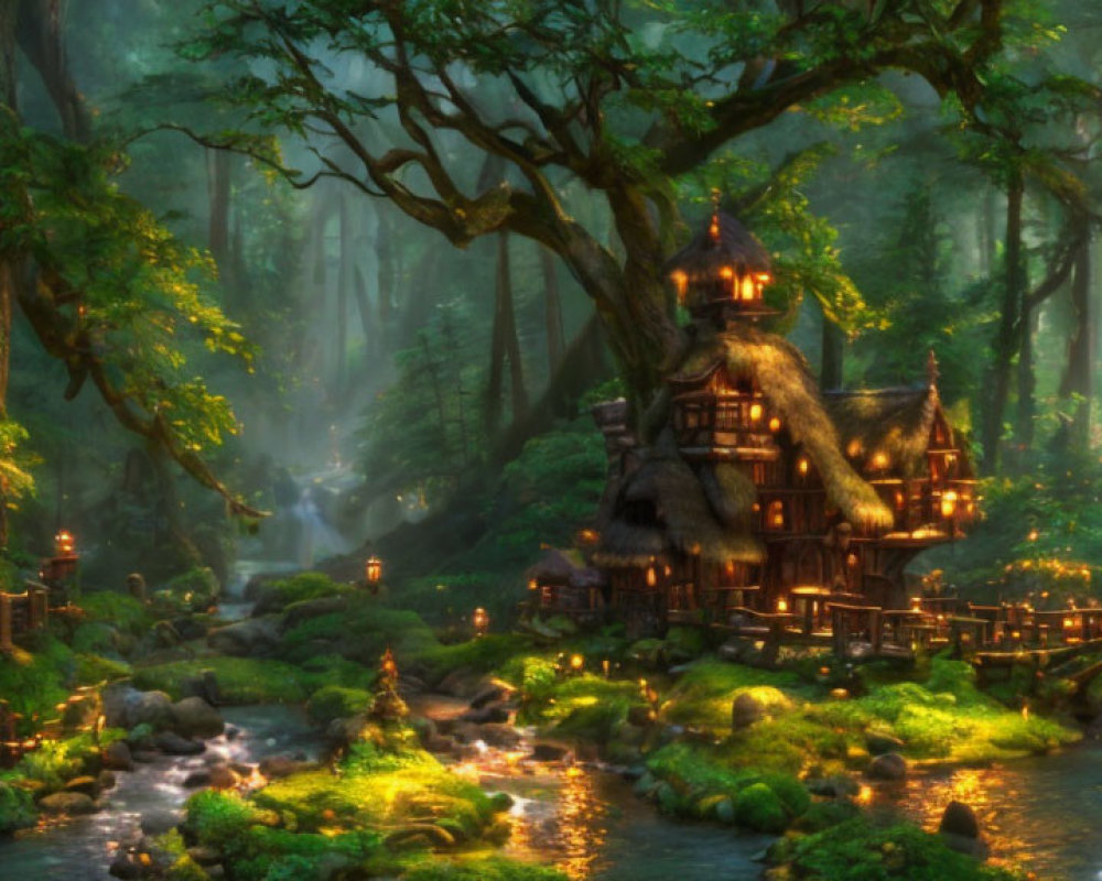 Enchanted forest with thatched cottage, bridge, sunbeams, and waterfall