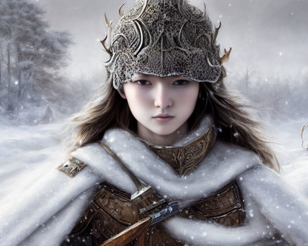 Female warrior in ornate armor against snowy landscape