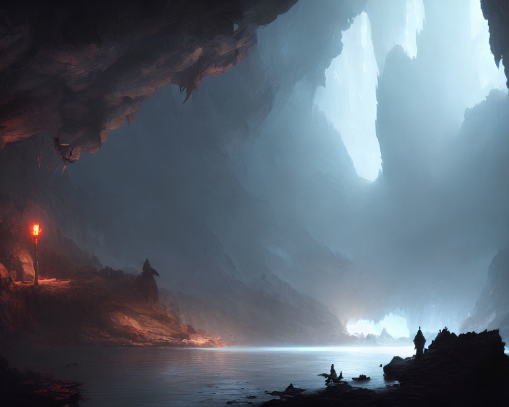 Spacious cave with natural light, figure by lake, and fiery torch