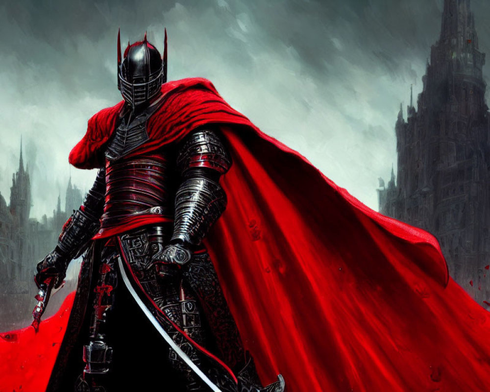 Black-armored knight with red cape at gothic castle.