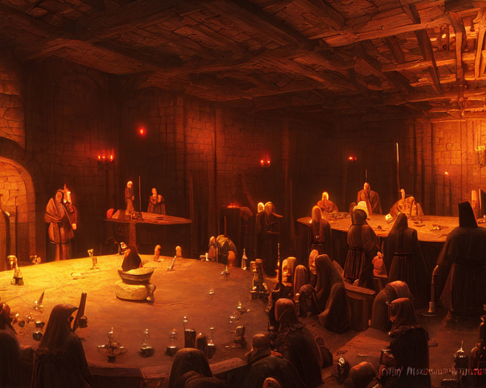 Medieval hall with people in cloaks around long table and torches.