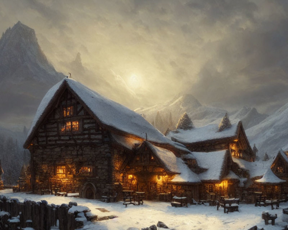 Snow-covered cottages in wintry twilight with warm lights and mountainous backdrop