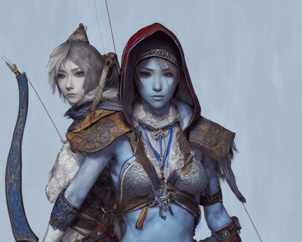 Two female characters in medieval fantasy attire with bow and hood, on pale backdrop
