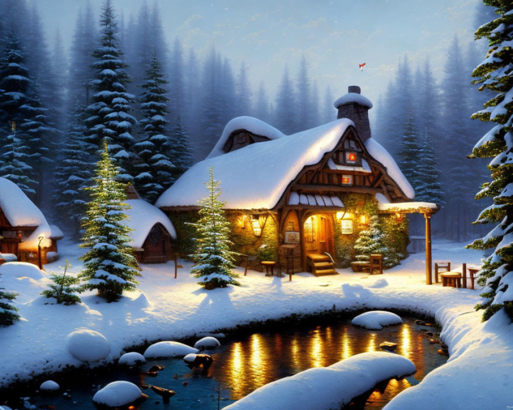 Snow-covered cottage nestled among pine trees by a stream at twilight