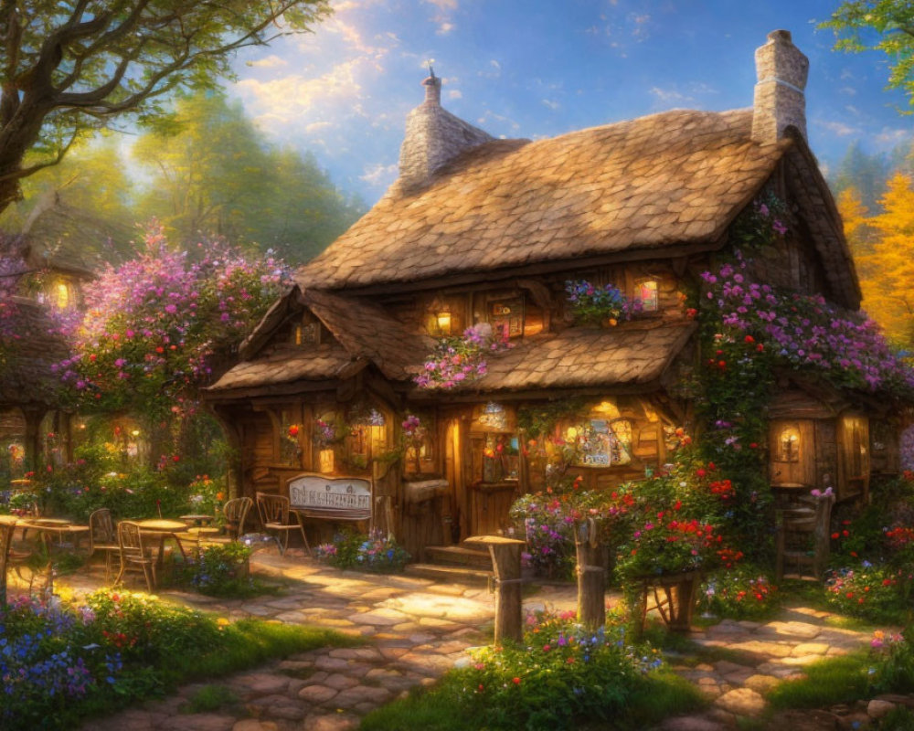 Thatched-Roof Cottage with Vibrant Flowers in Sunlit Forest